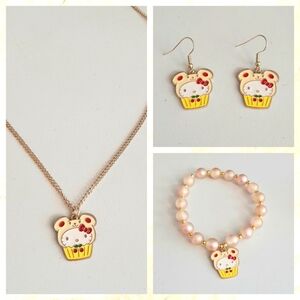 Enamel Kitty with a Teddy Bear Cap Necklace, Earrings & Bracelet Set